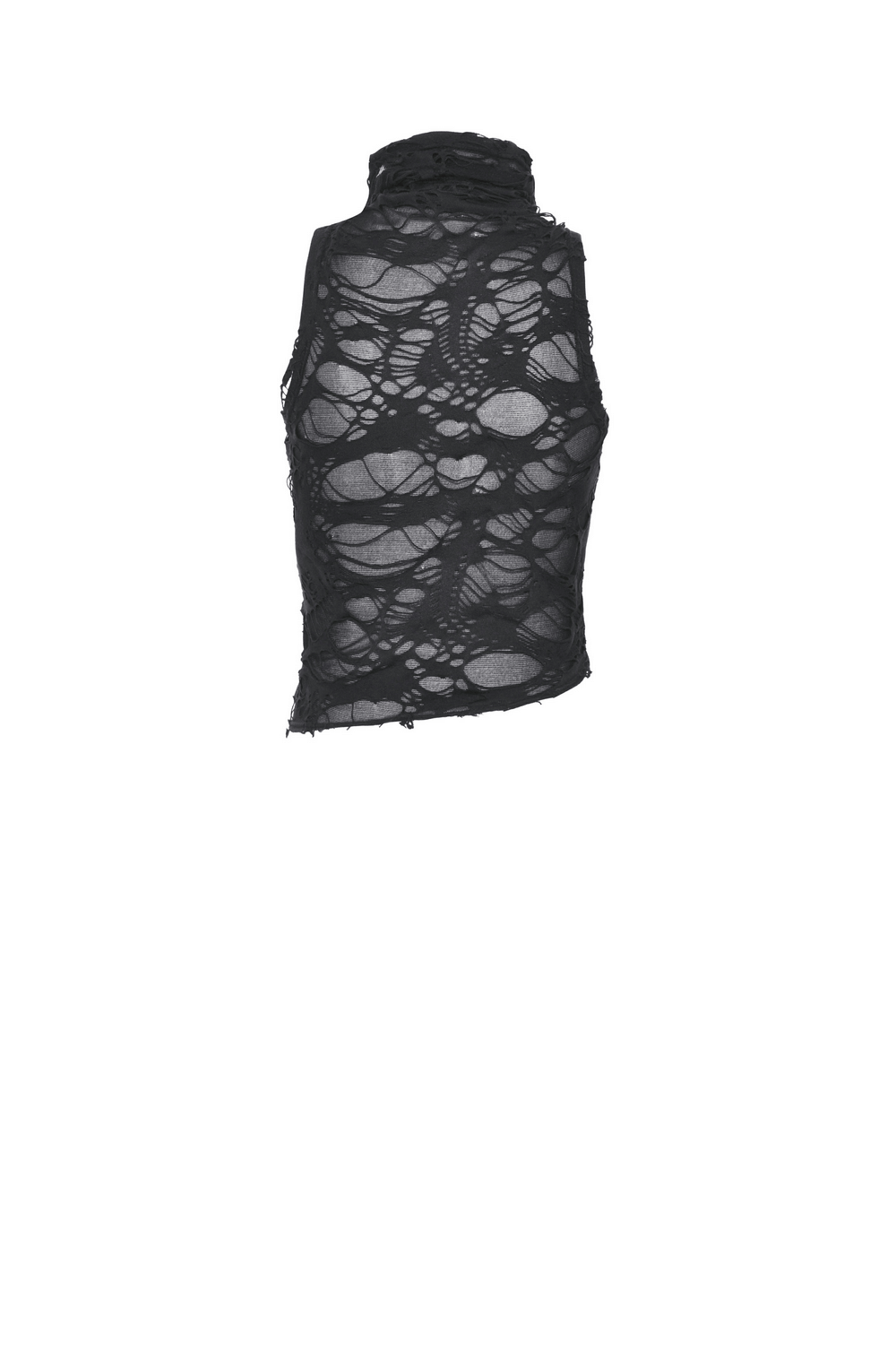Black sleeveless lace-up asymmetric turtleneck top with shredded goth lace detailing, perfect for modern gothic fashion.