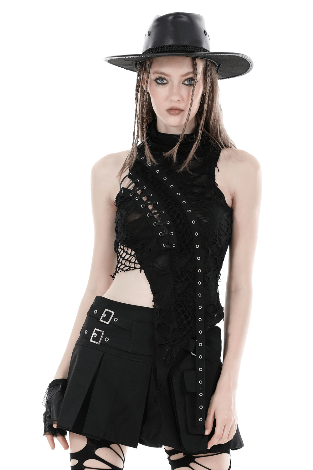 Edgy black sleeveless lace-up asymmetric turtleneck top with lace detailing, paired with a stylish hat and edgy shorts.