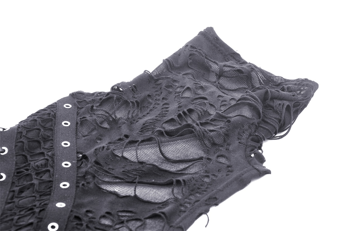 Close-up of a shredded black lace-up top showcasing edgy goth fashion details.