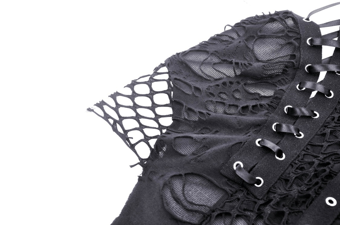 Close-up of black shredded goth lace-up top showcasing intricate detailing and edgy asymmetrical design
