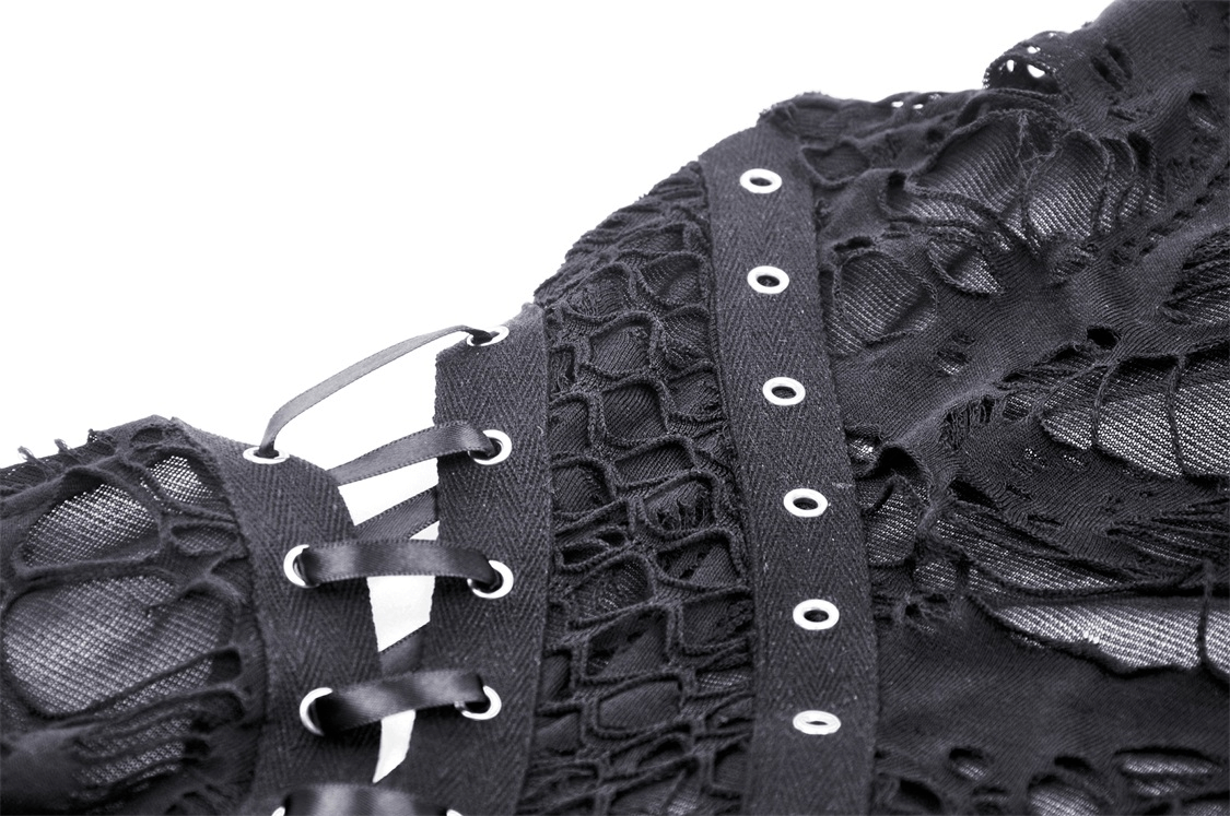 Close-up of black shredded lace-up detailing on a gothic sleeveless top, showcasing edgy fashion style.