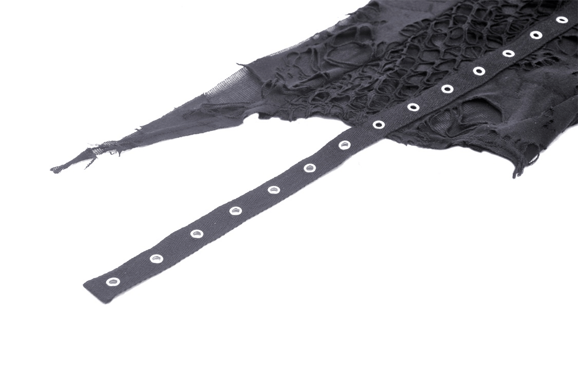 Close-up of black shredded lace-up detailing highlighting gothic fashion elements.