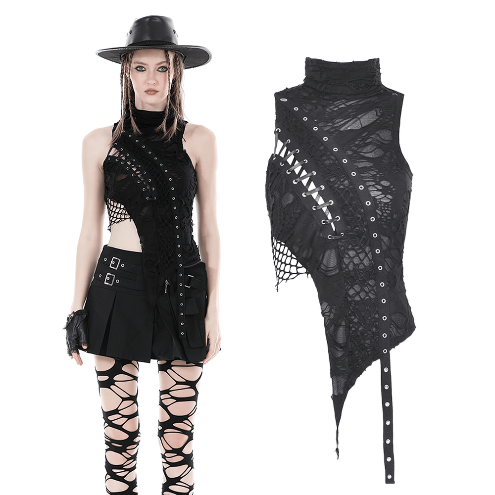 Black sleeveless lace-up asymmetric turtleneck top, featuring intricate lace and punk-inspired design.