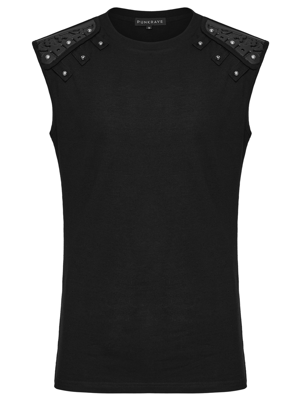 Black sleeveless top with studded shoulders, showcasing a bold cyberpunk style and modern silhouette.