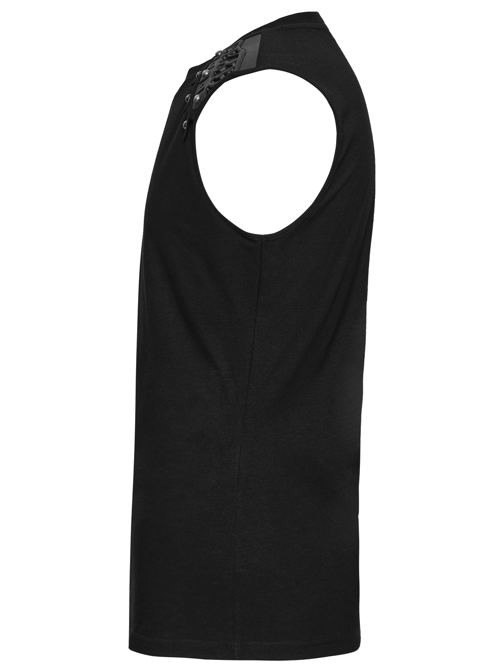 Black sleeveless top with studded shoulder accents, showcasing a bold cyberpunk design and elastic knitted fabric.