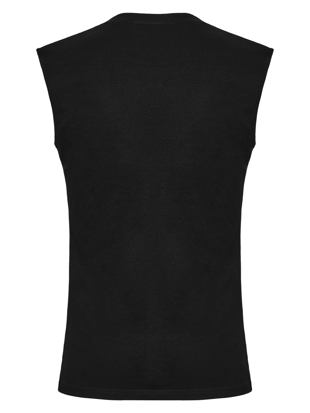 Back view of a black sleeveless top featuring wide shoulders and a stretchy, snug fit.