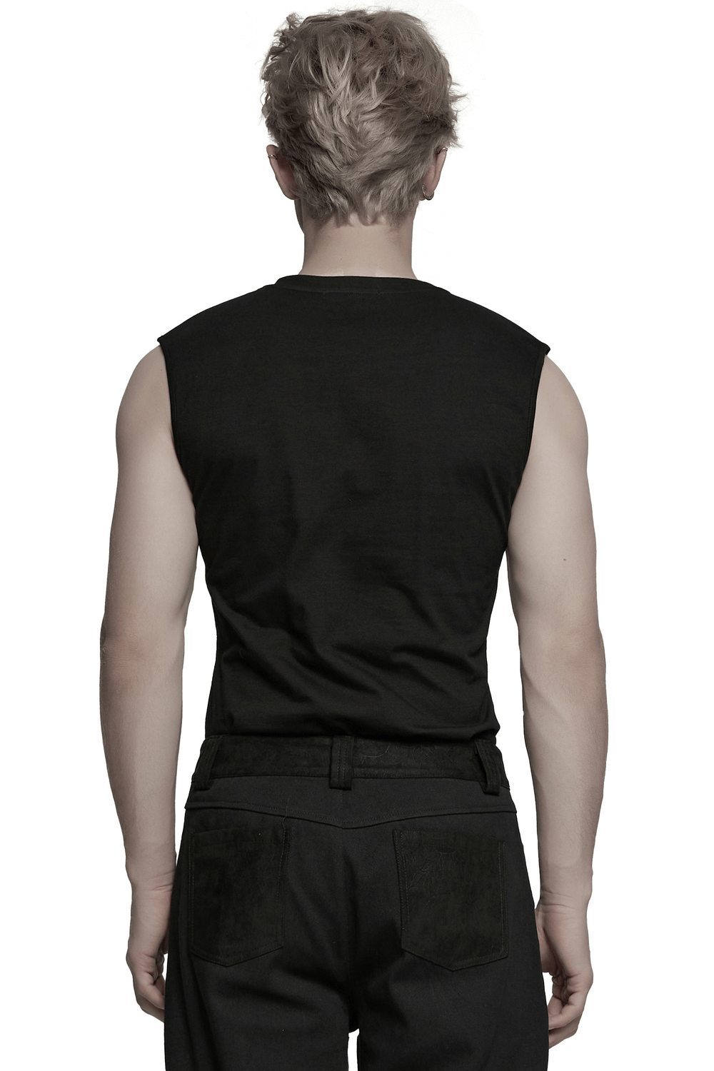 Back view of a black sleeveless top with wide shoulders, showcasing its sleek design and modern aesthetic.