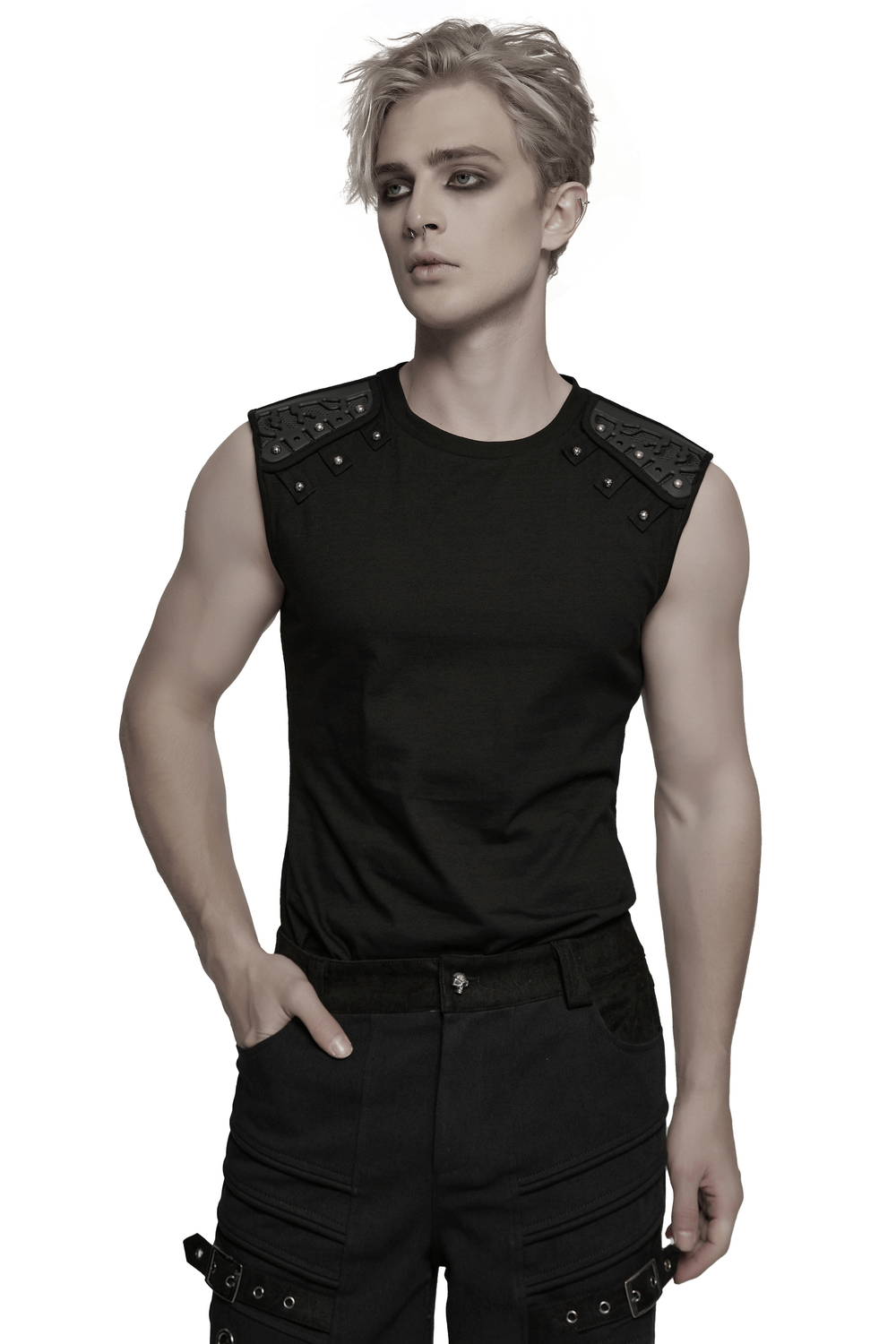 Black sleeveless top with studded shoulder accents, featuring a bold cyberpunk style and comfortable fit.