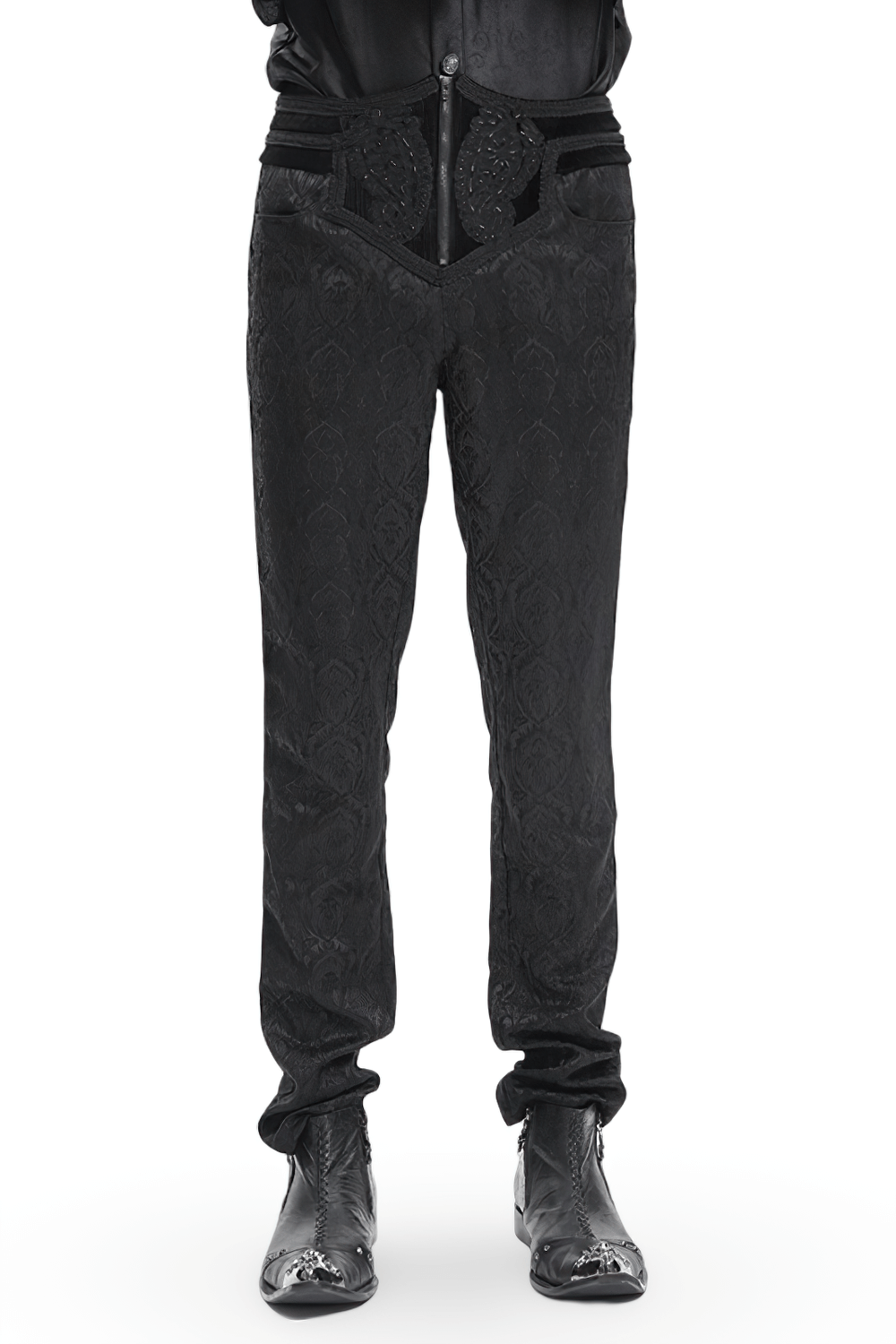 Stylish black slim-fit embossed pants with elegant detailing, perfect for autumn and winter casual outings.