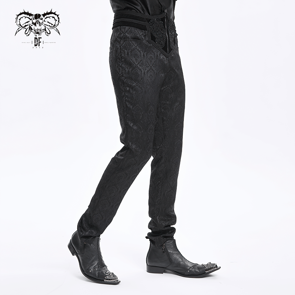 Stylish black slim-fit embossed pants with intricate detailing, perfect for a chic autumn or winter look.