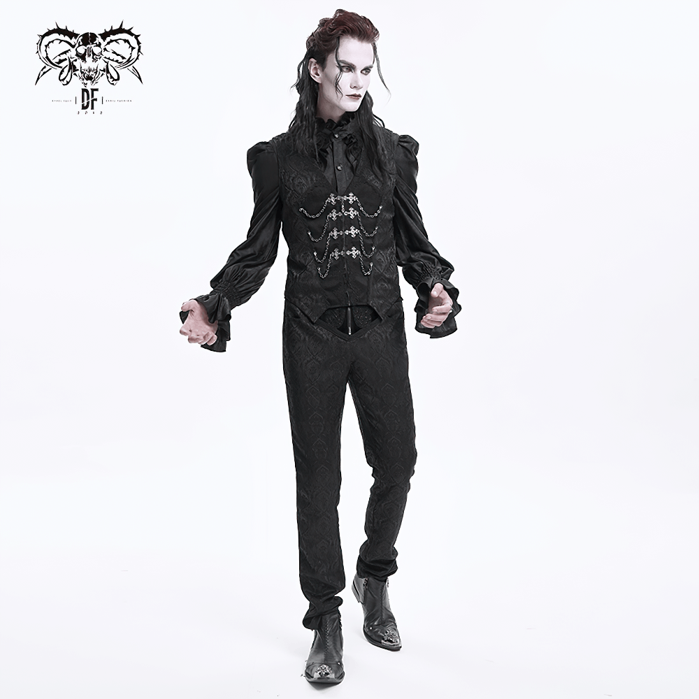 Stylish man in black embossed outfit with intricate detailing, exuding a gothic vibe and unique fashion flair.