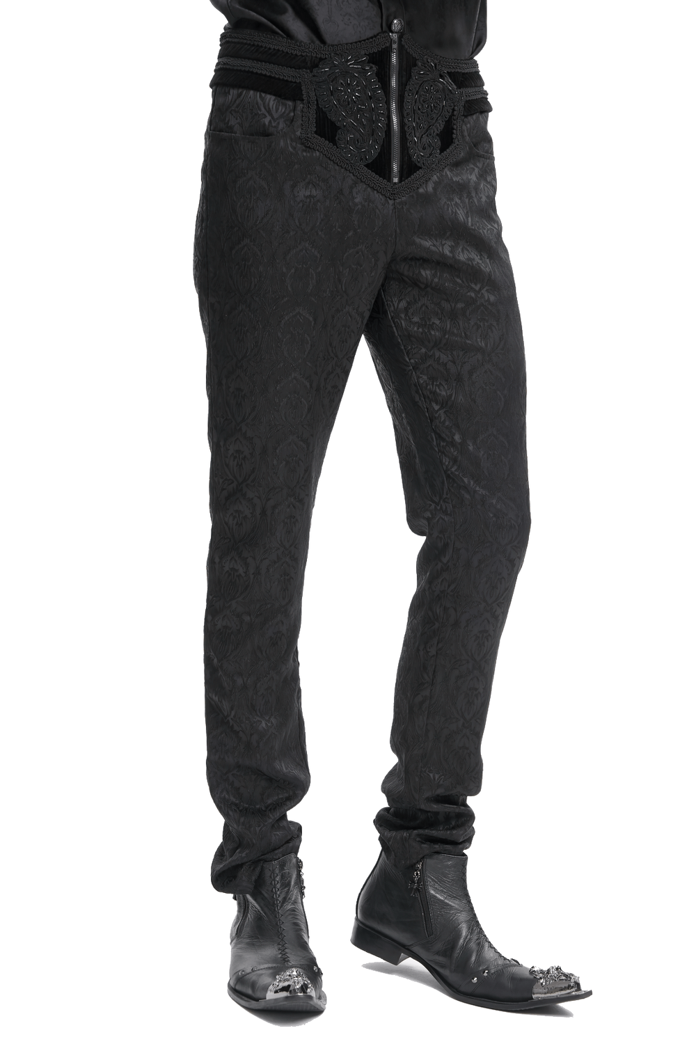 Stylish black slim-fit embossed pants featuring intricate detailing and a fitted waistline, perfect for a chic autumn look.