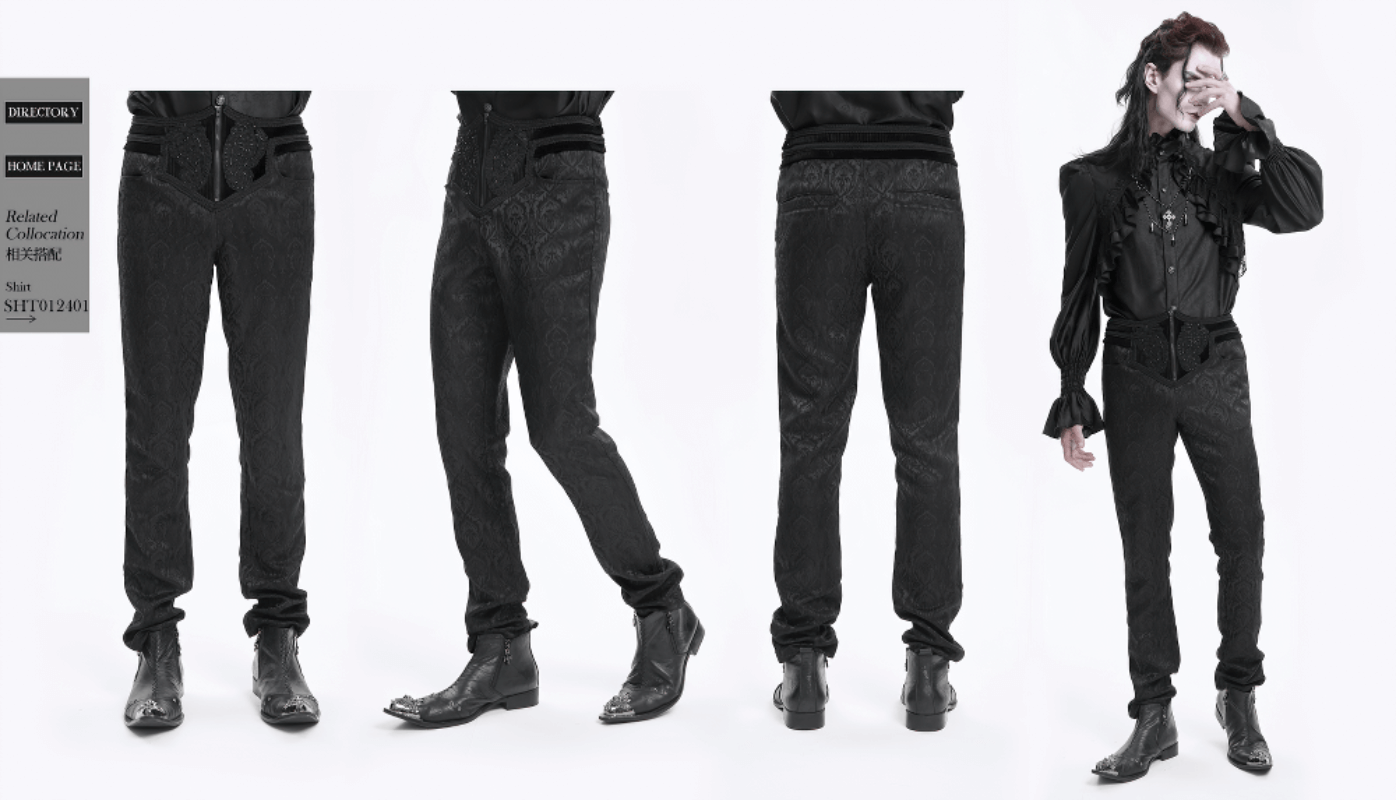 Black slim-fit embossed pants showcasing elegant detailing from various angles, perfect for stylish autumn and winter outfits.