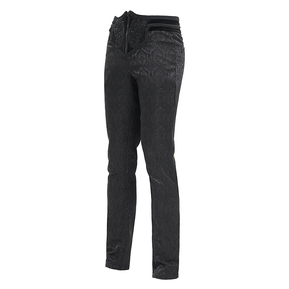 Stylish black slim-fit embossed pants with elegant detailing, perfect for autumn and winter fashion.