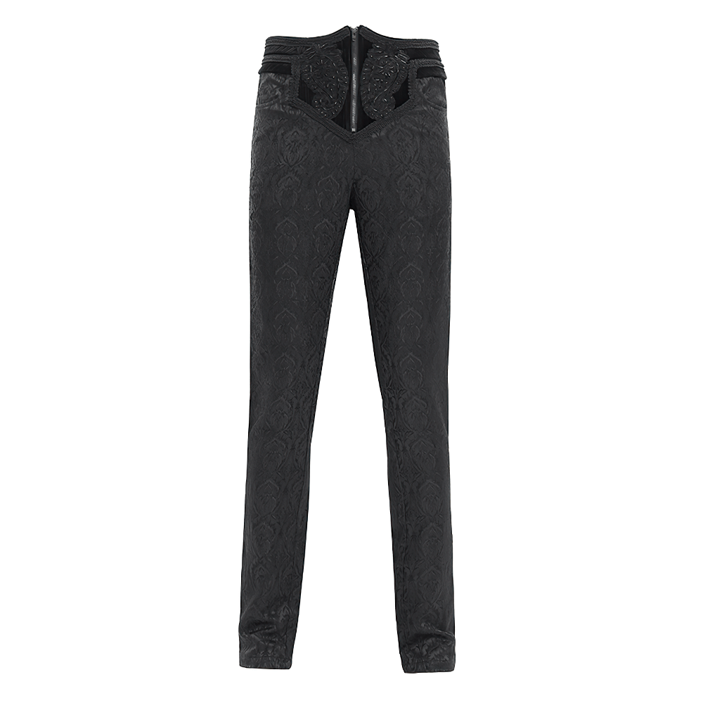 Black slim-fit embossed pants featuring elegant detailing and a flattering silhouette, perfect for autumn and winter outings.