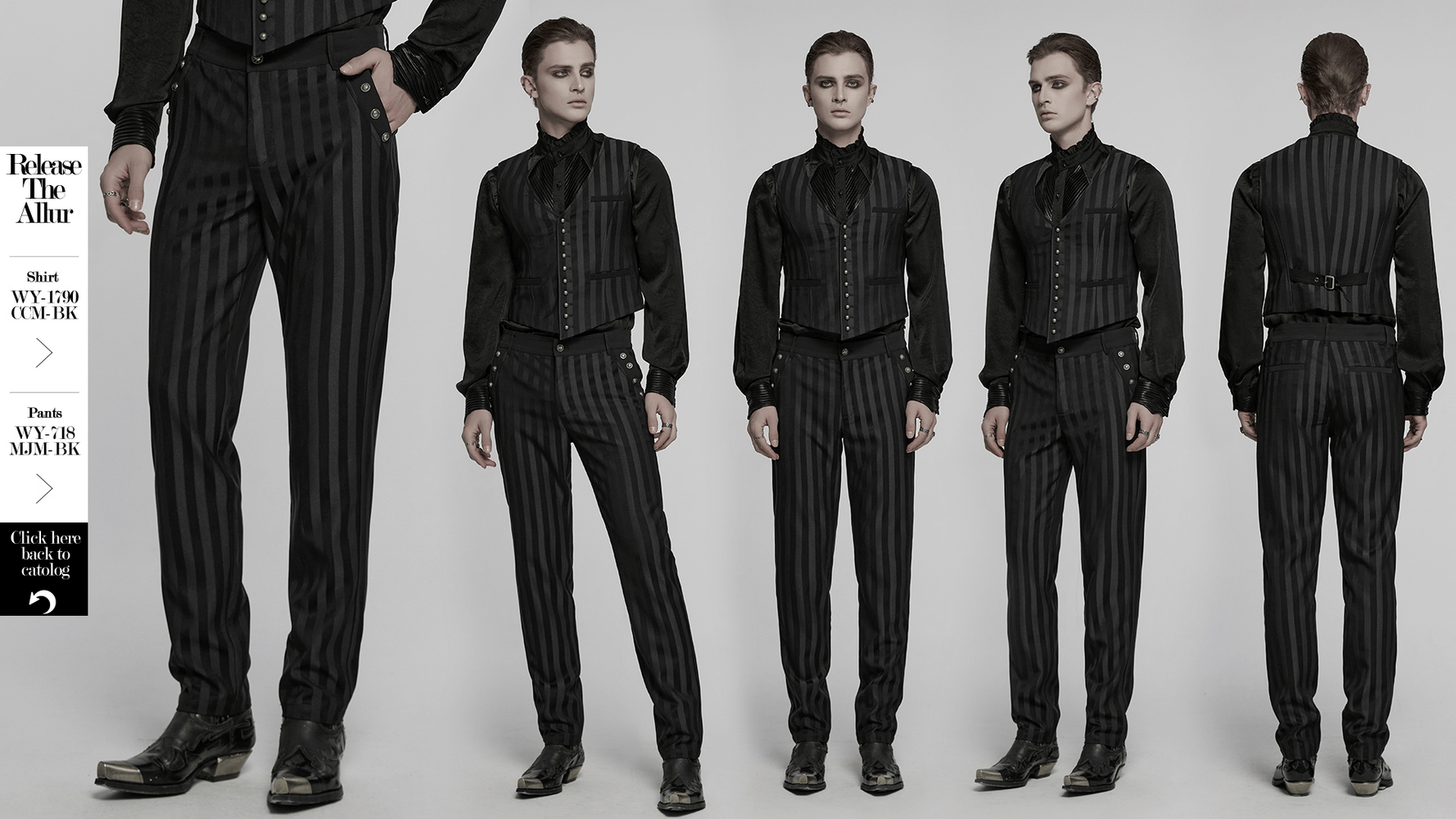 Black slim fit striped gothic trousers for men with buckle details and sleek silhouette.