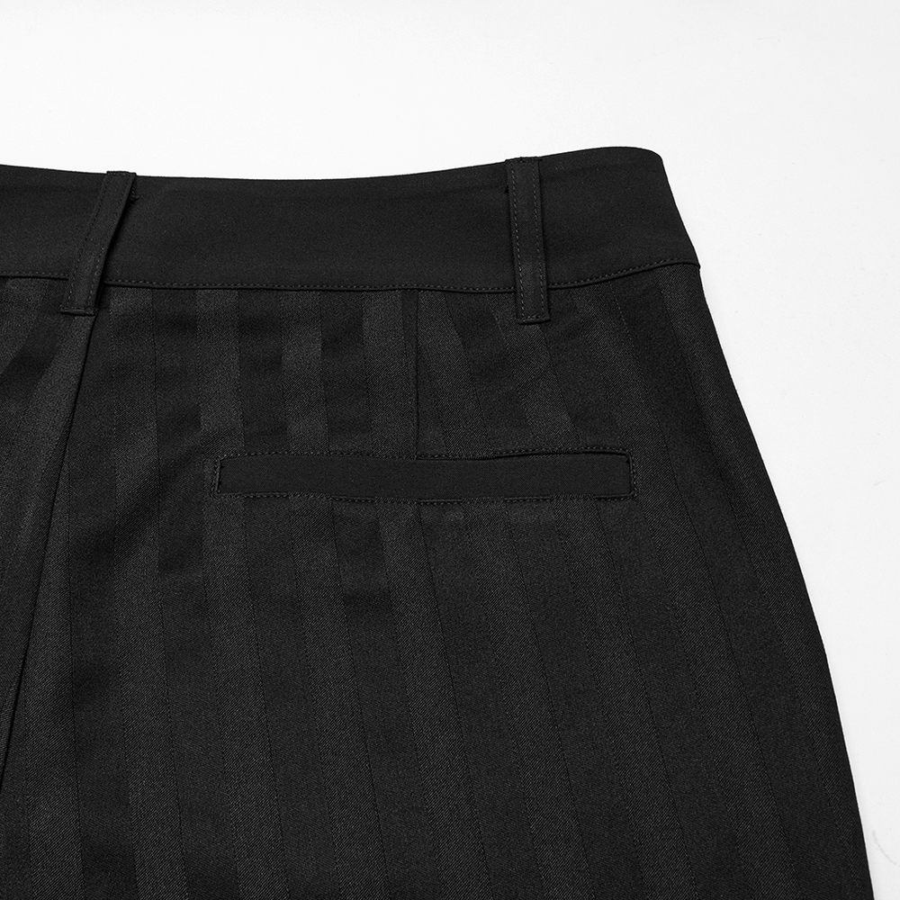 Back view of black slim fit gothic trousers featuring subtle stripes and a lip pocket detail.