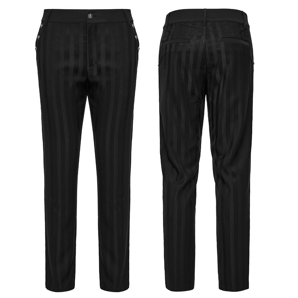Black slim fit striped gothic trousers for men with buckle details, featuring side and back pockets.