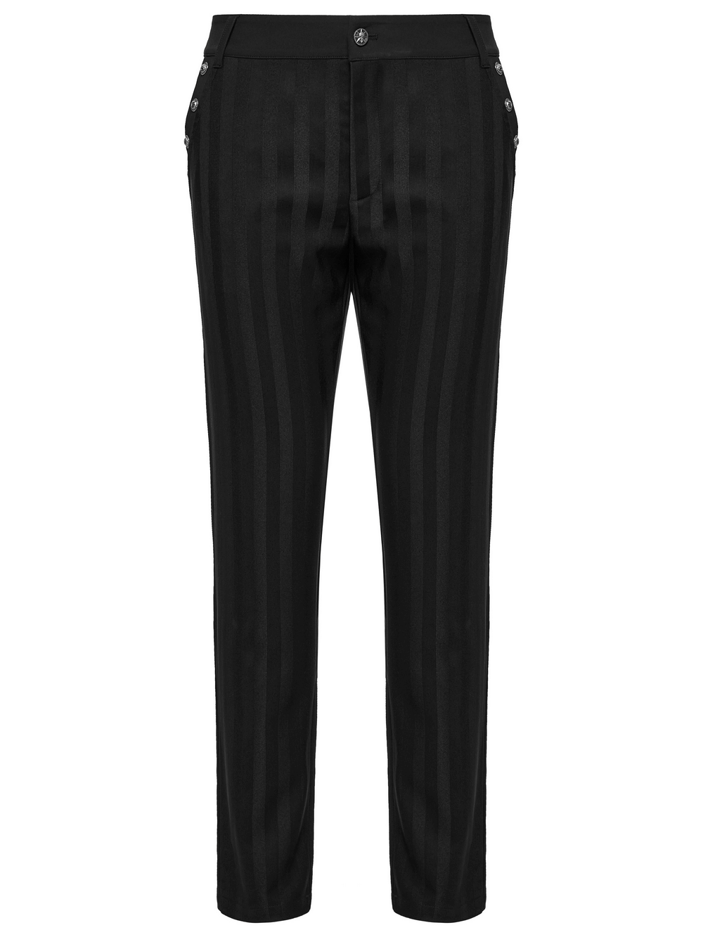 Black slim fit striped gothic trousers for men with buckle details and pockets, stylish alternative fashion.
