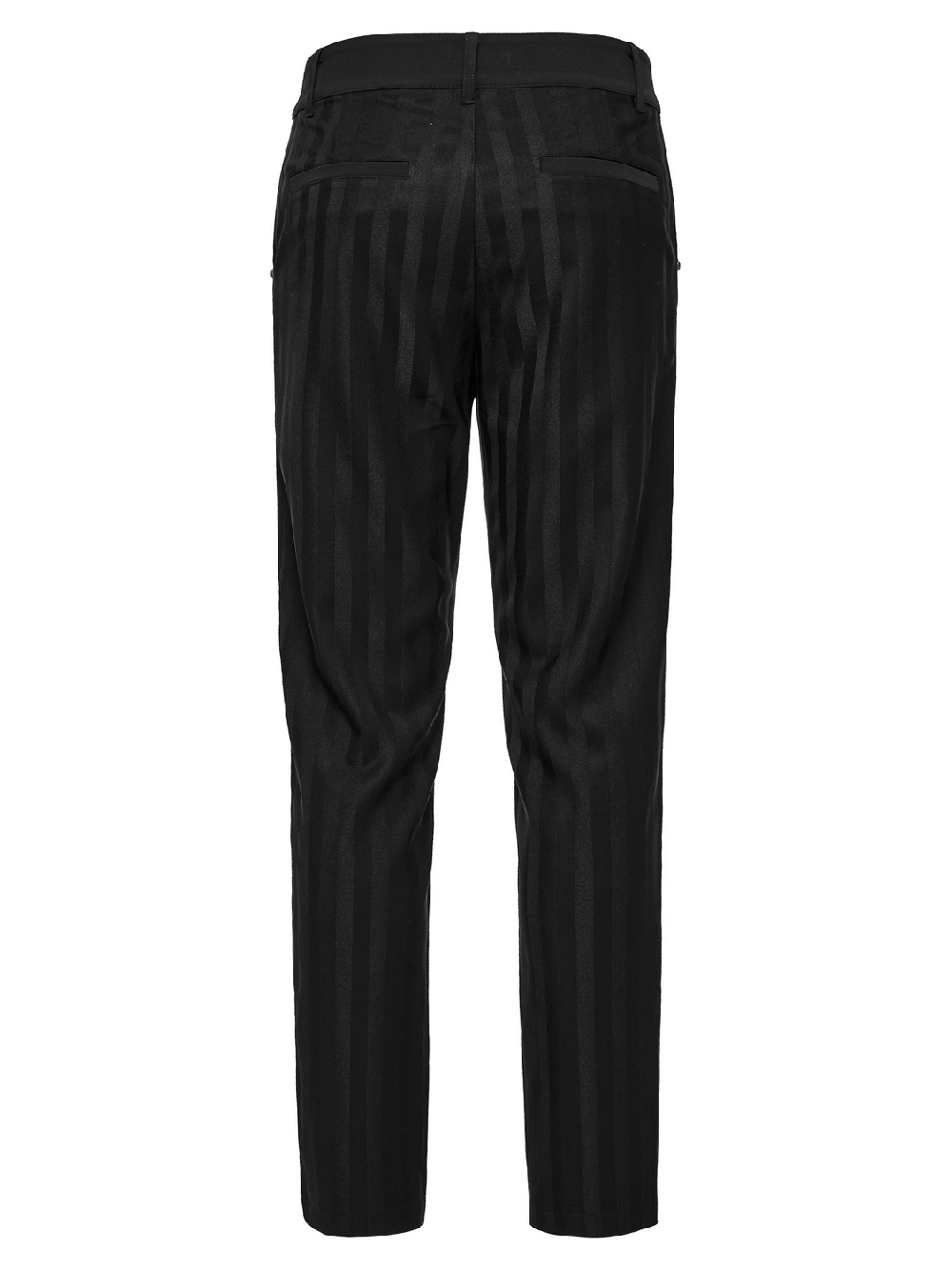 Back view of black slim fit striped gothic trousers for men with buckle details and sleek silhouette.
