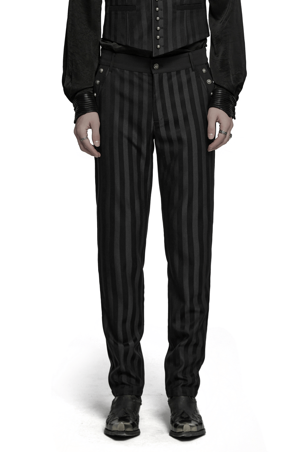 Men's black slim fit gothic trousers with subtle stripes and buckle details, perfect for alternative style enthusiasts.