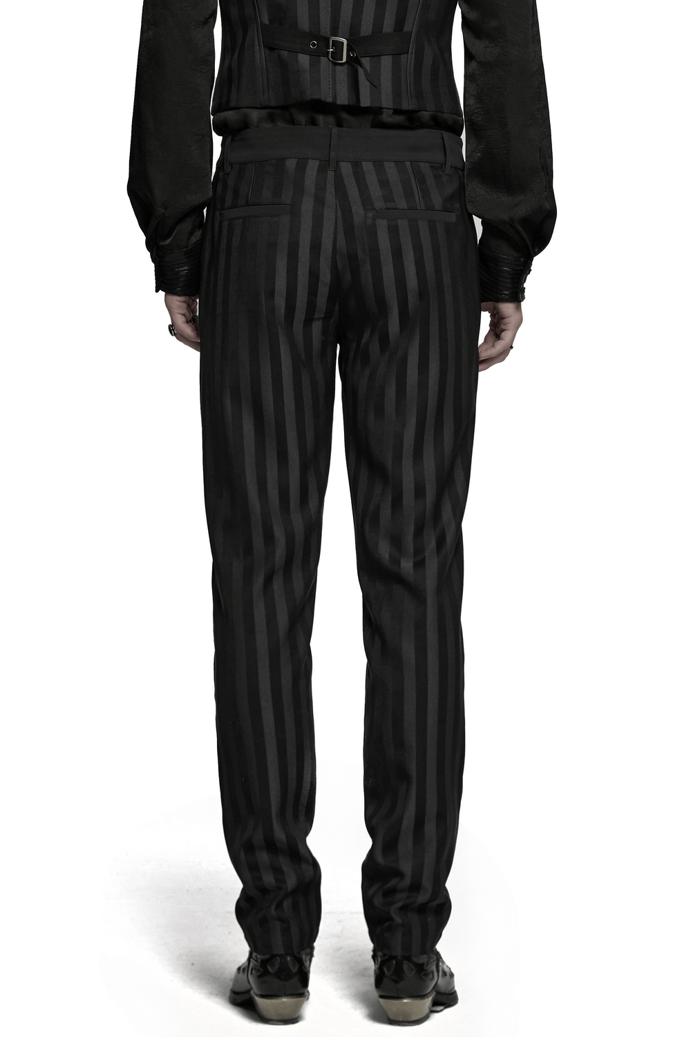 Men's black slim fit gothic trousers with subtle stripes and buckle details, showcasing a sleek silhouette from the back.