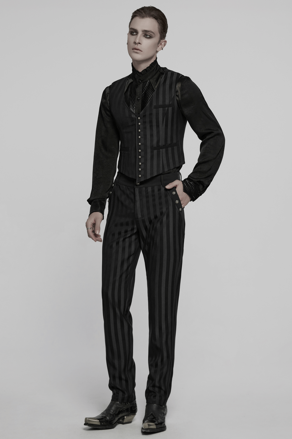 Men's black slim fit striped gothic trousers with buckle details, perfect for alternative fashion.