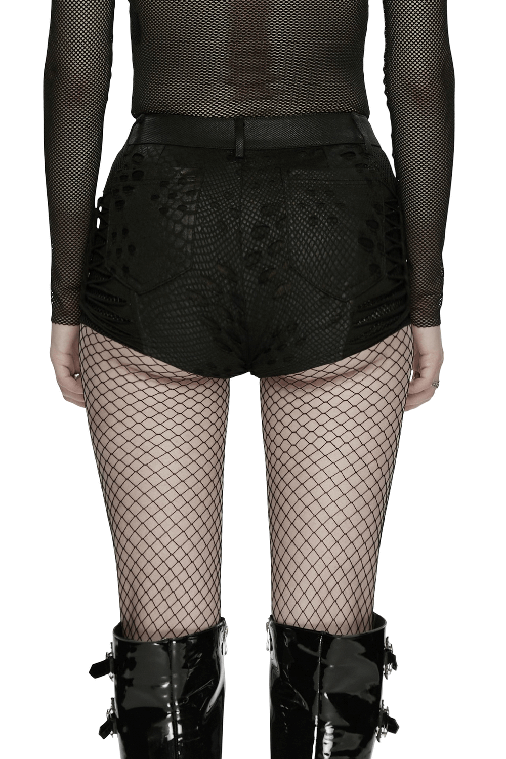 Black Snake-Print Punk Low Waist Lace-Up Shorts showcased on model, featuring fishnet tights and edgy styling.