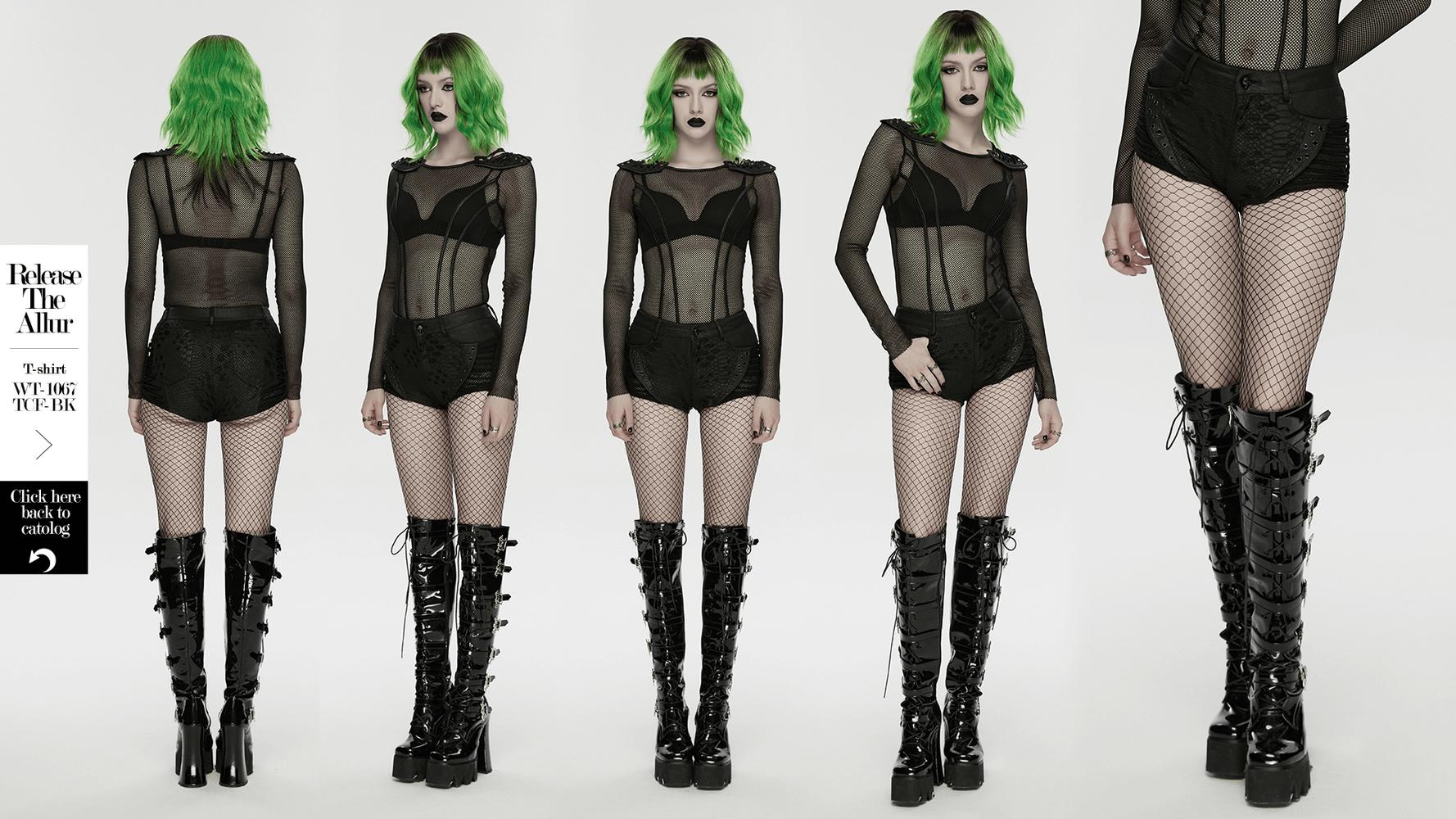 Black Snake-Print Punk Low Waist Lace-Up Shorts showcased with edgy mesh top and statement knee-high boots.