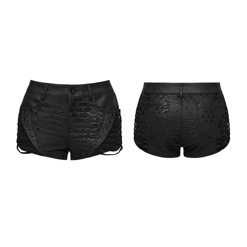 Black Snake-Print Punk Low Waist Lace-Up Shorts featuring mesh and eyelet straps for a bold streetwear style.