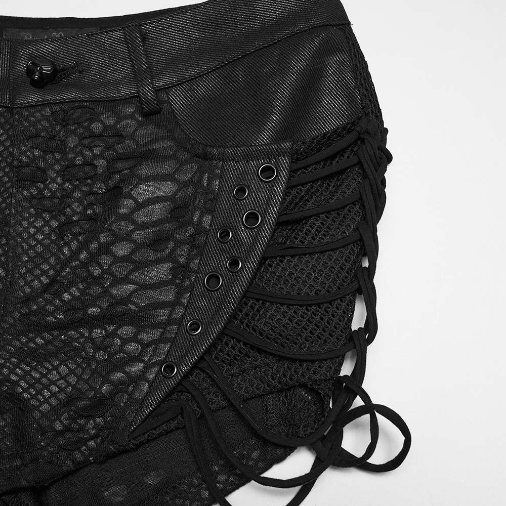 Black Snake-Print Punk Low Waist Lace-Up Shorts showcasing detailed mesh and eyelet straps for a bold streetwear style.