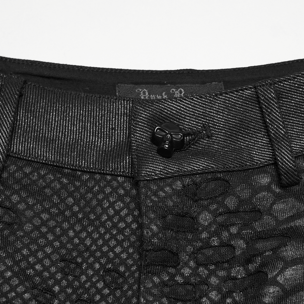 Black Snake-Print Punk Low Waist Lace-Up Shorts featuring a skull button and textured fabric detail.