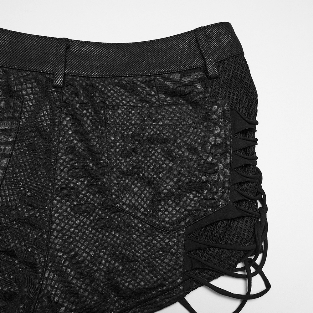 Black Snake-Print Punk Low Waist Lace-Up Shorts featuring edgy mesh and eyelet strap details.