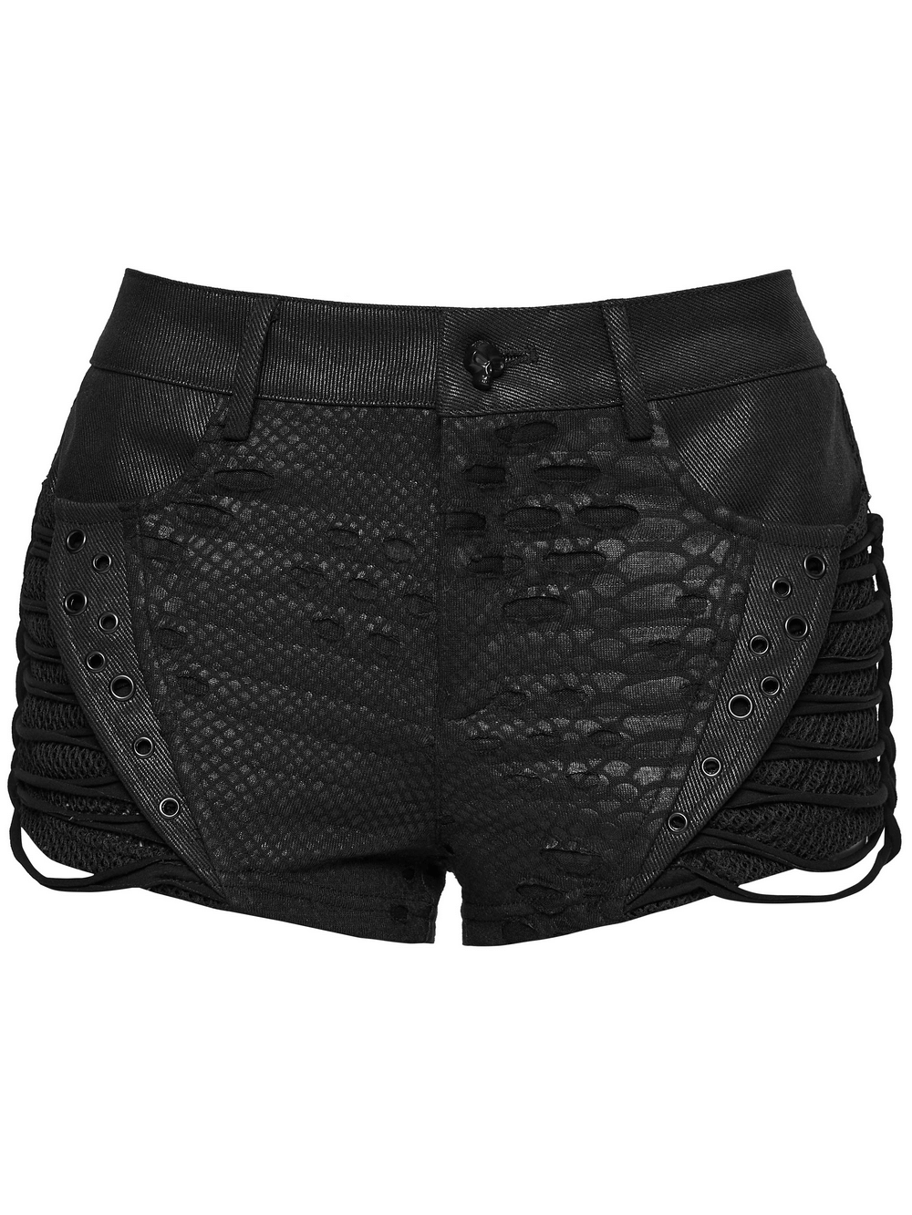 Black Snake-Print Punk Low Waist Lace-Up Shorts featuring mesh and eyelet straps for a fierce punk style.