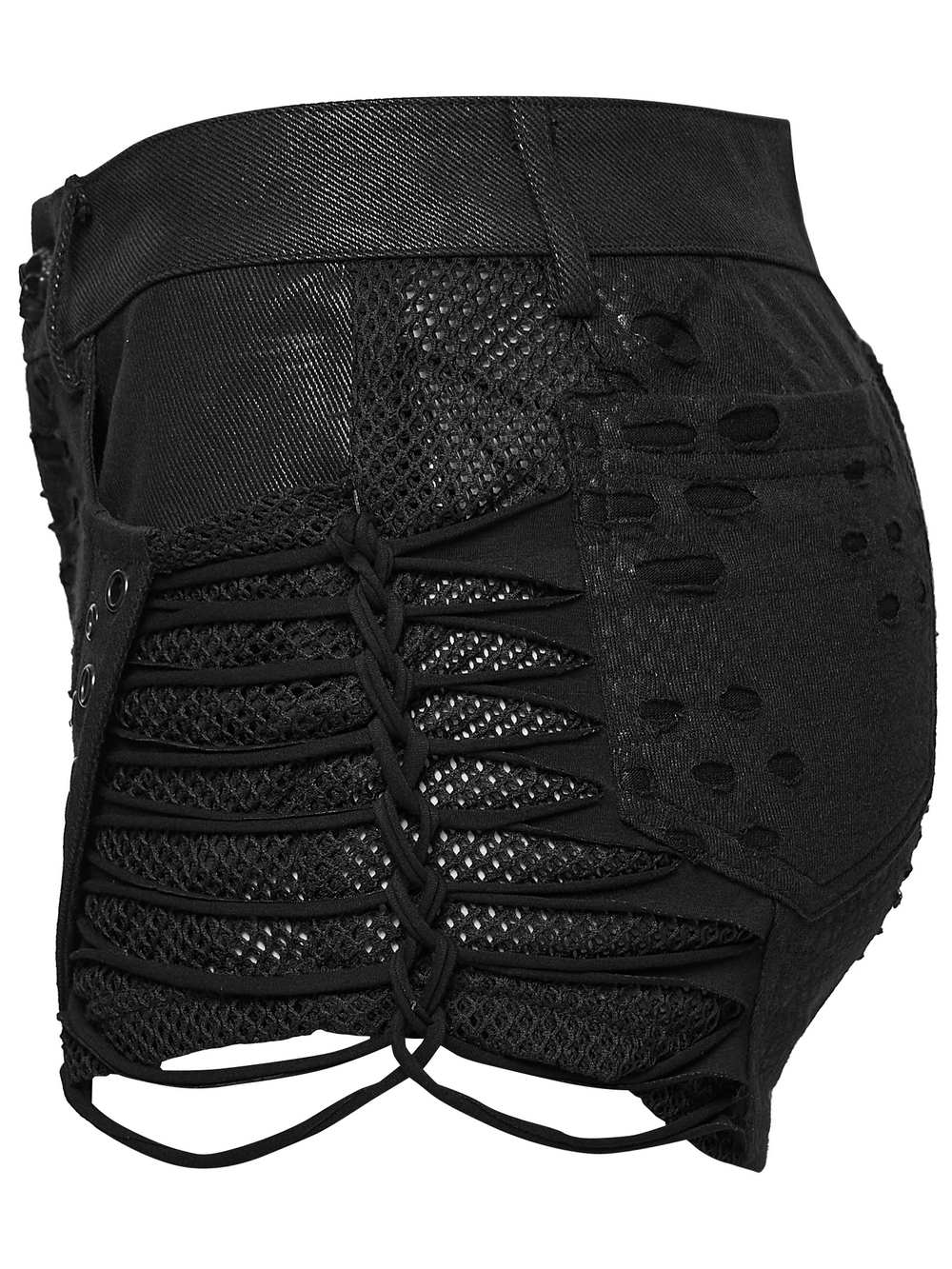 Black Snake-Print Punk Low Waist Lace-Up Shorts showcasing edgy mesh and eyelet straps, perfect for punk streetwear fashion.