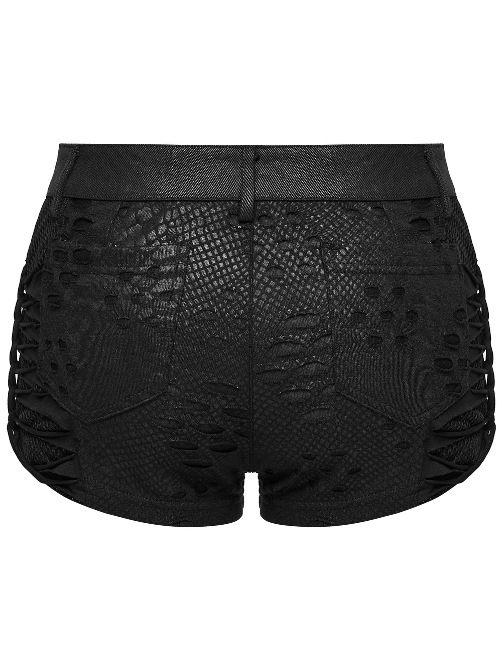 Black Snake-Print Punk Low Waist Lace-Up Shorts showcasing the back design with eyelet straps and textured snake print.