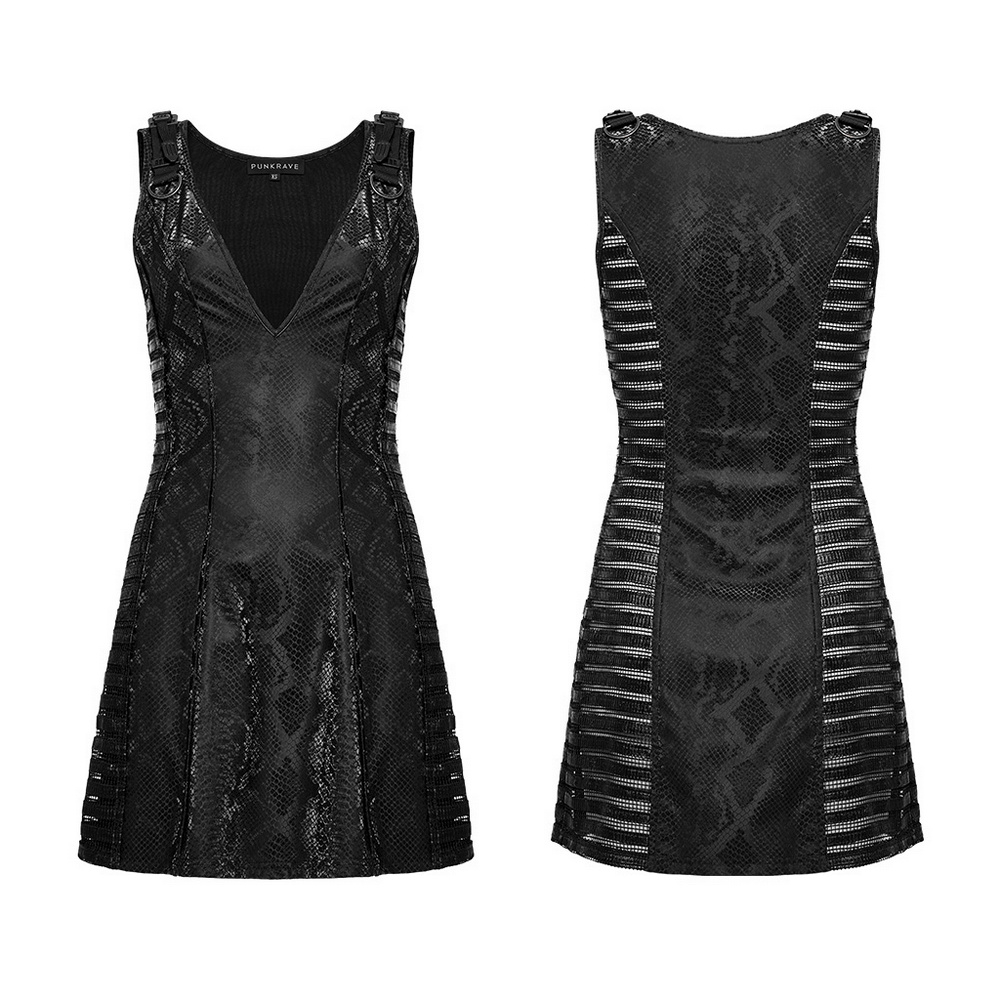 Black snake print sleeveless punk dress with deep V-neck, faux leather accents, and mesh details for a daring look.