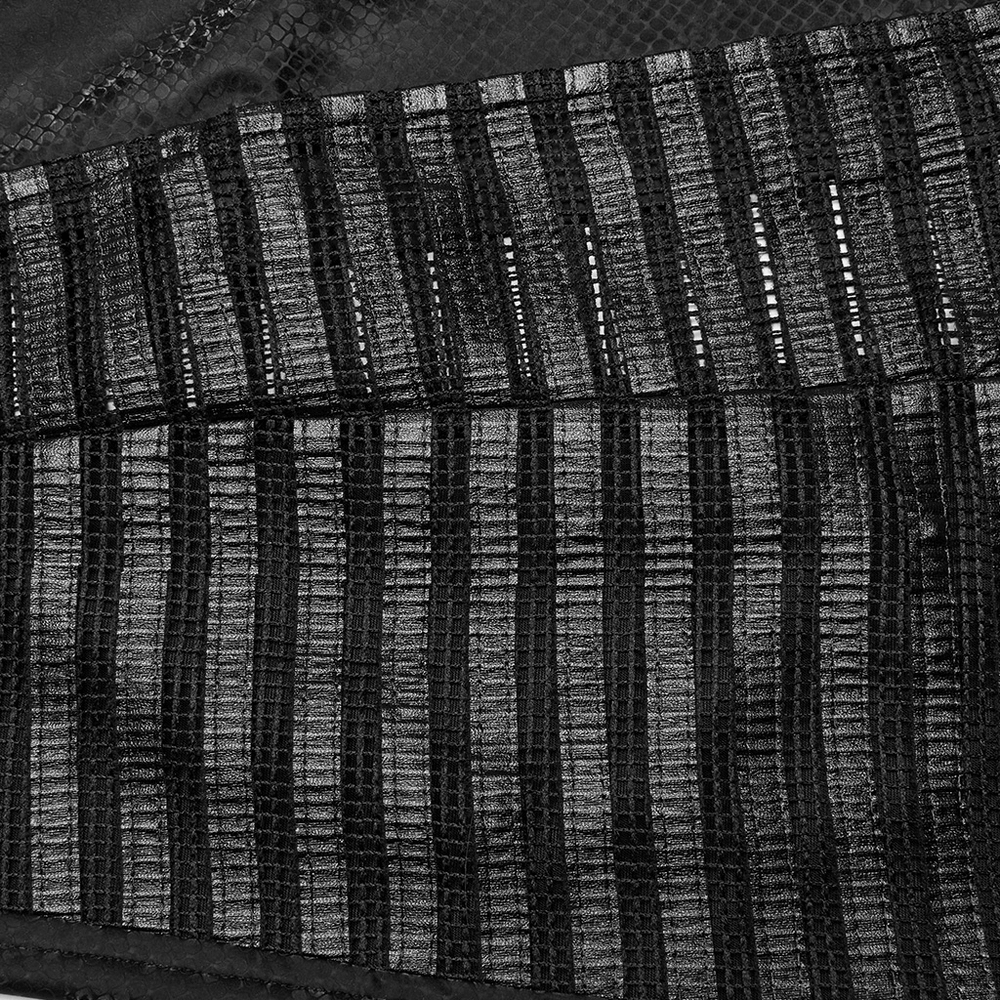 Close-up of black striped faux leather material with mesh for punk dress with rhinestones.