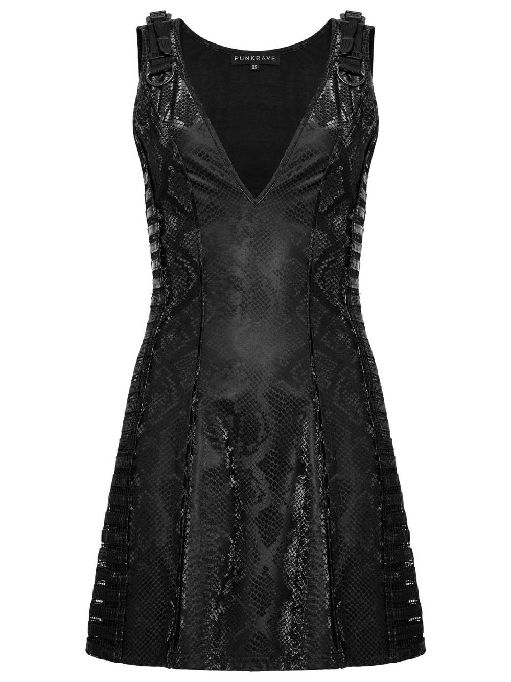 Black snake print sleeveless punk dress with deep V-neck and mesh details.