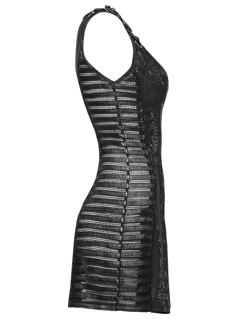 Side view of a black snake print sleeveless punk dress with rhinestones and mesh details, perfect for rockstar style.