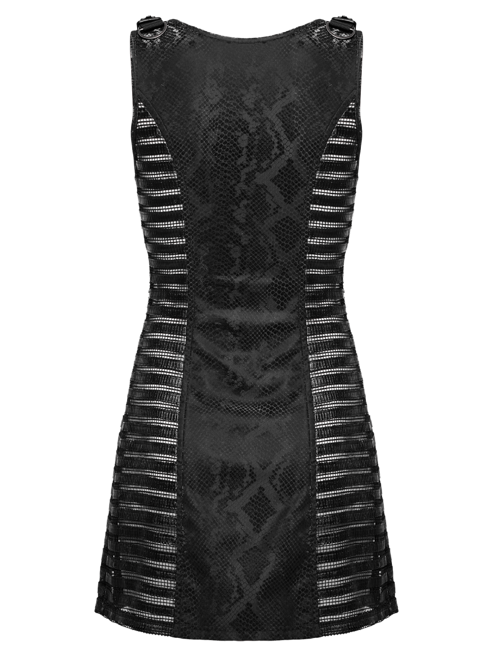 Back view of black snake print sleeveless punk dress with mesh and faux leather details, perfect for edgy fashion lovers.