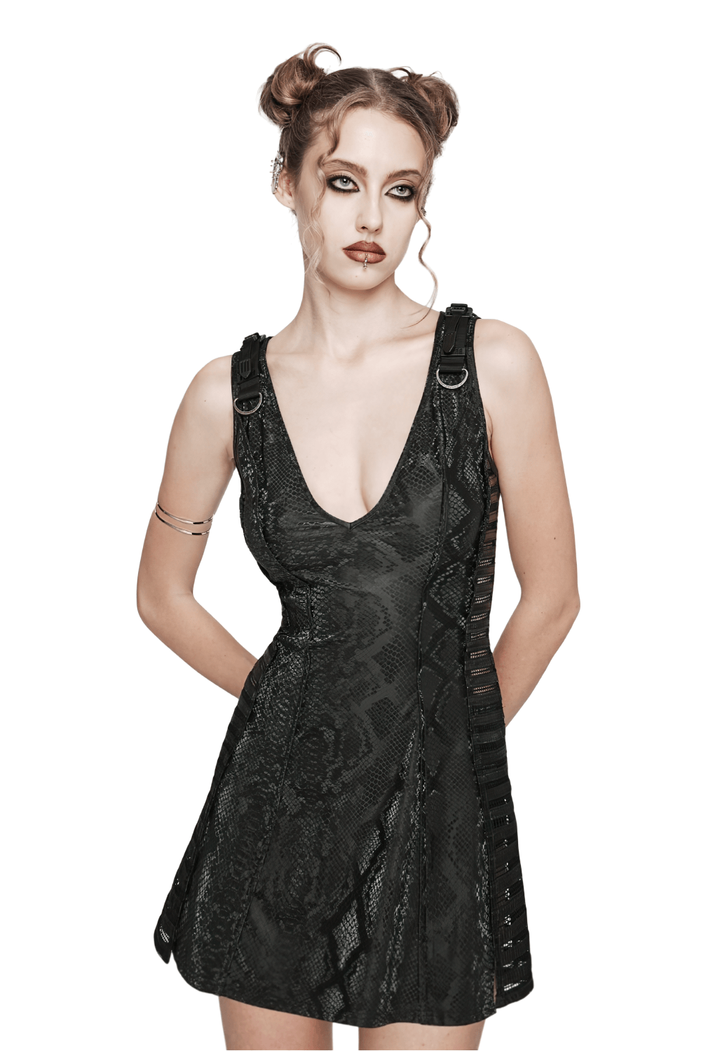 Black snake print sleeveless dress with deep V-neck and rhinestone accents, perfect for punk rock style.