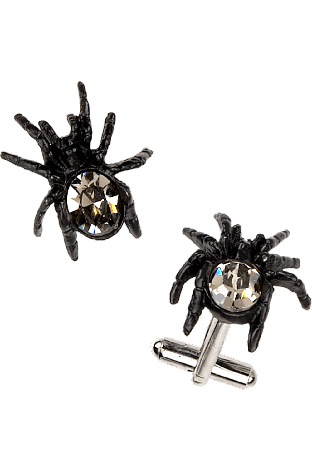 Black Spider Cufflinks with Crystal Accent for Gothic Style - unique gothic cufflink design featuring sparkling crystals.
