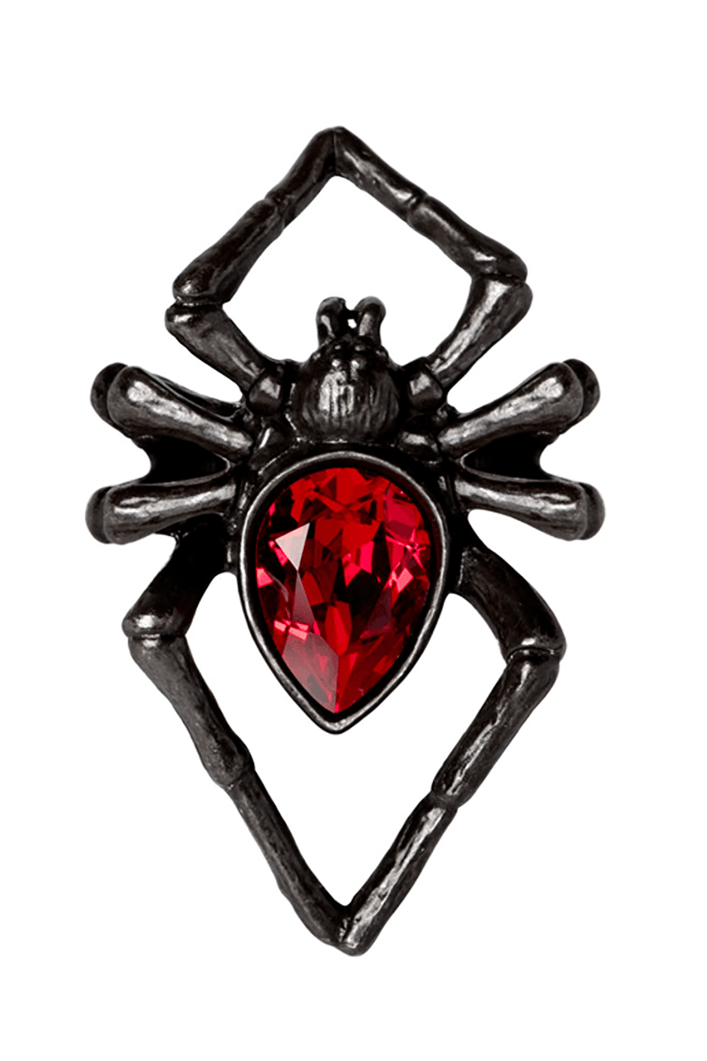 Gothic black spider ring with blood red crystal, perfect for alternative fashion and occult jewelry lovers.