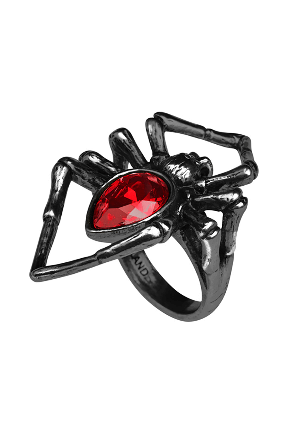 Black spider ring with red crystal, gothic jewelry featuring a dramatic design for alternative fashion lovers.