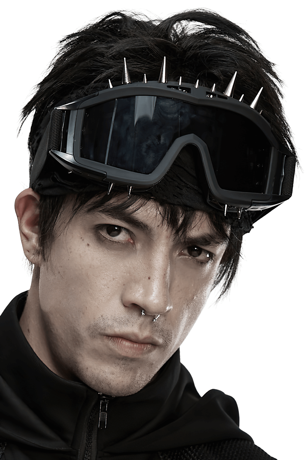 Black spiked punk goggles with adjustable strap and tinted lenses for cyberpunk style.