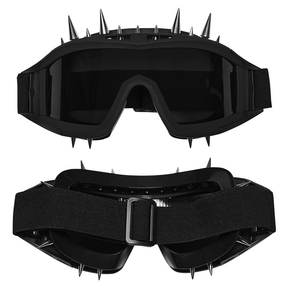 Black spiked punk goggles with adjustable elastic strap for cyberpunk fashion and cosplay.
