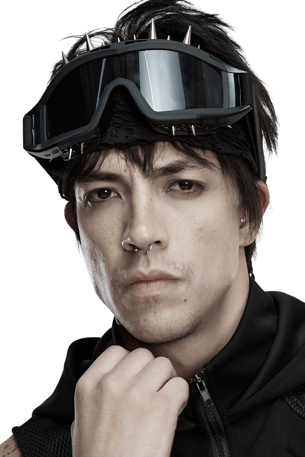 Black spiked punk goggles with adjustable strap on a model showcasing cyberpunk style and attitude.