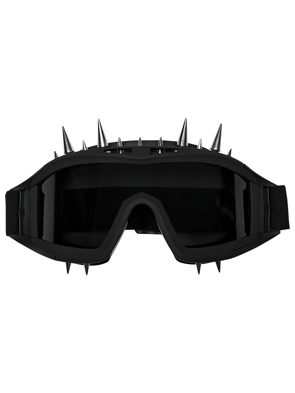 Black spiked punk goggles with adjustable strap and tinted lenses for a bold cyberpunk look.