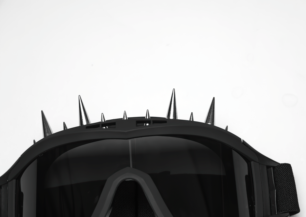 Black spiked punk goggles with adjustable strap and tinted lenses, perfect for cyberpunk fashion and cosplay.